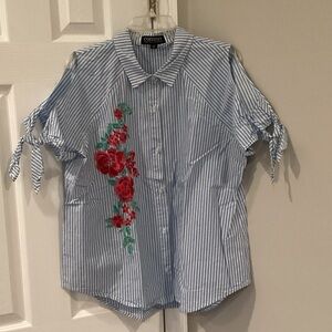 Context Blue Striped Blouse with Red Floral Embroidery